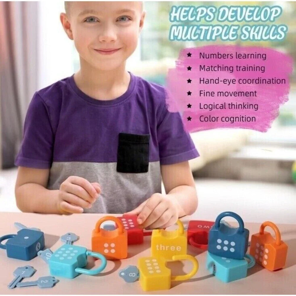 Dinhon Kids Learning Toys Locks & Keys Numbers Matching Counting Montessori Toys